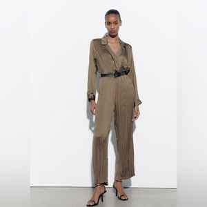 ZARA JUMPSUIT SATIN EFFECT PLEATED BELTED COLOR OLIVE GREEN SIZE L NWT